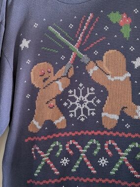 Star Wars Men's Navy Crewneck Holiday Sweater with Gingerbread Motif